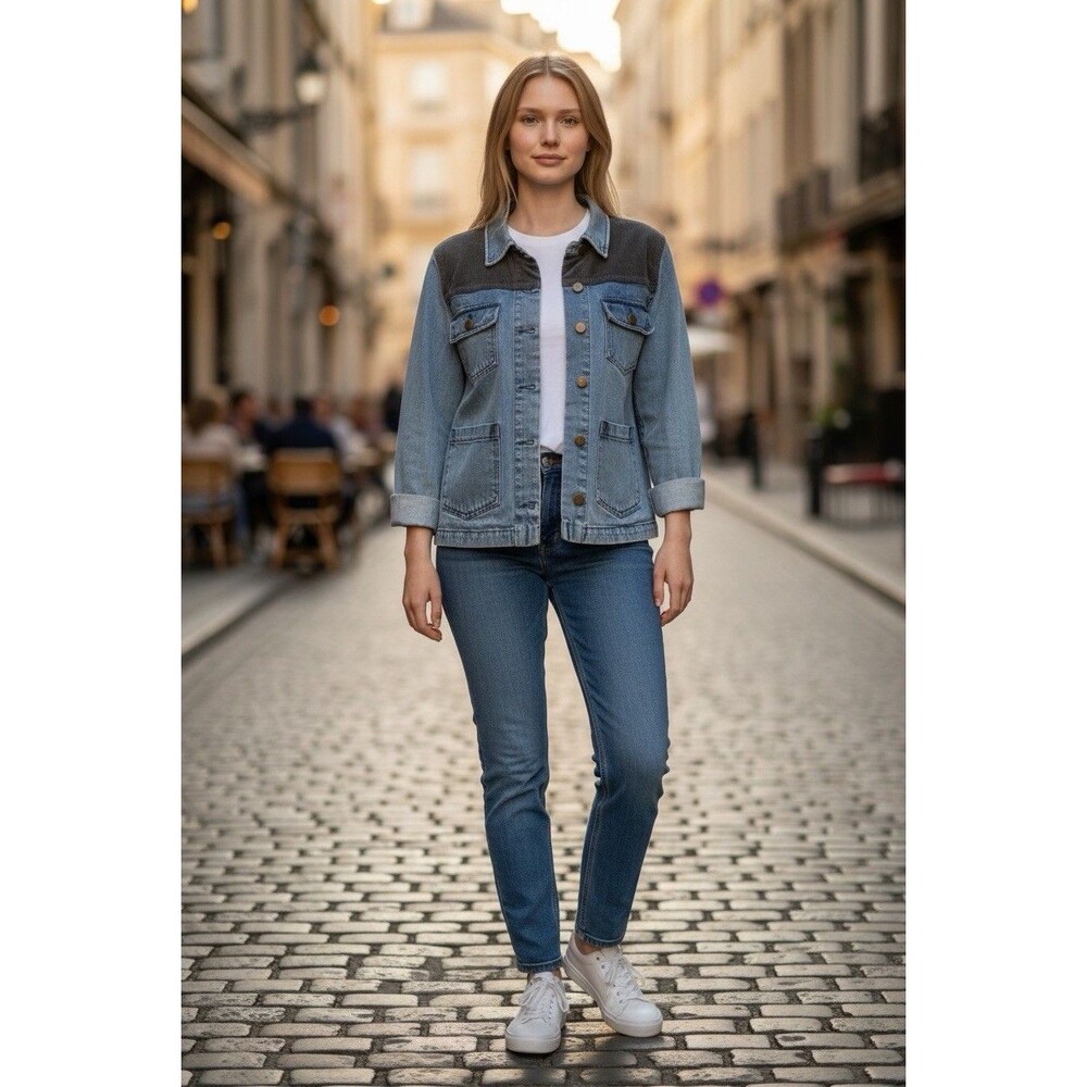 Who What Where Denim Chore Jacket Sz S Corduroy Patch Pockets Classic